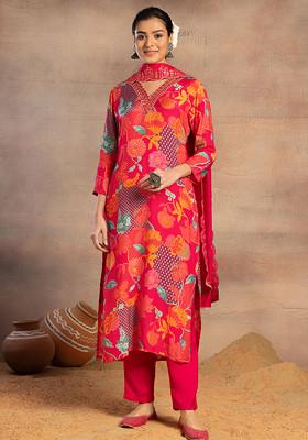 Fuchsia Pink Botanical Print Muslin Kurta With Pants And Dupatta (Set of 3)