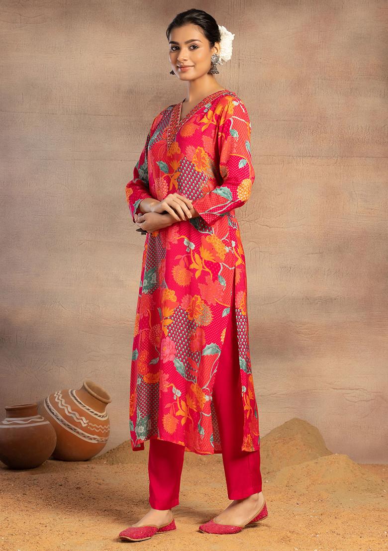 Fuchsia Pink Botanical Print Muslin Kurta With Pants And Dupatta (Set of 3)