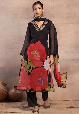 Black Floral Print Organza Kurta With Pants And Dupatta (Set of 3)