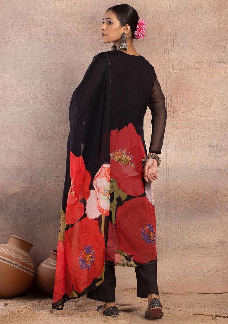 Black Floral Print Organza Kurta With Pants And Dupatta (Set of 3)