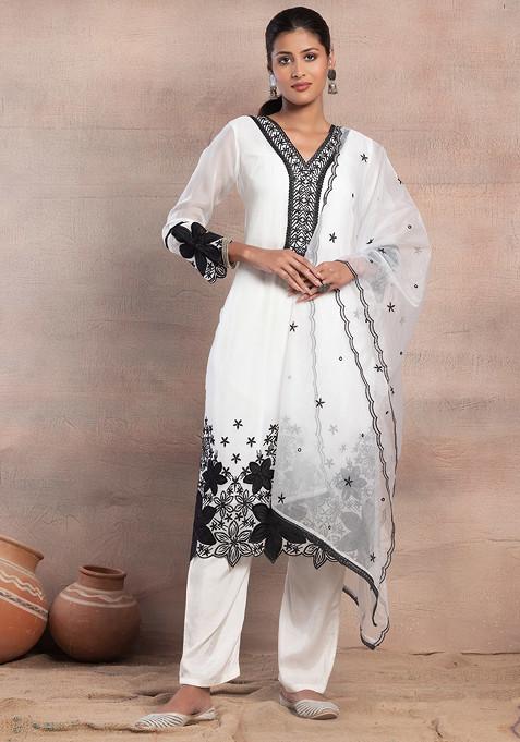 White And Black Embroidered Organza Kurta With Pants And Dupatta (Set of 3)