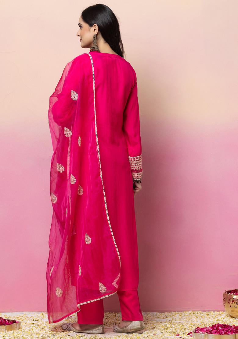 Hot Pink Sequin Embroidered Muslin Kurta With Pants And Organza Dupatta (Set of 3)