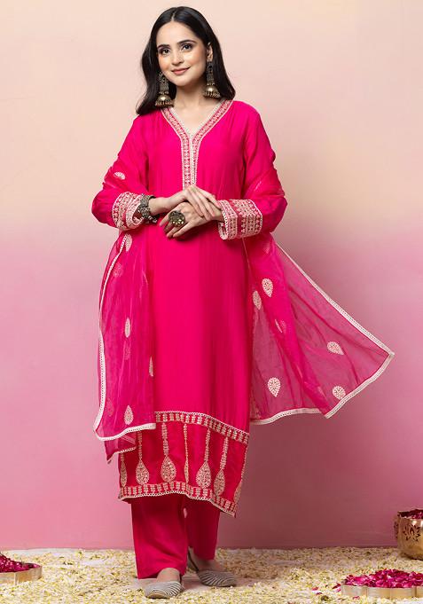 Hot Pink Sequin Embroidered Muslin Kurta With Pants And Organza Dupatta (Set of 3)