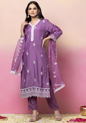 Purple Thread Embroidered Muslin Kurta With Pants And Organza Dupatta (Set of 3)
