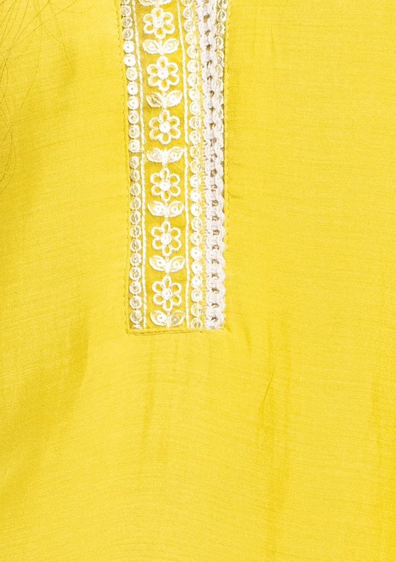 Yellow Sequin Embroidered Muslin Kurta With Pants And Organza Dupatta (Set of 3)