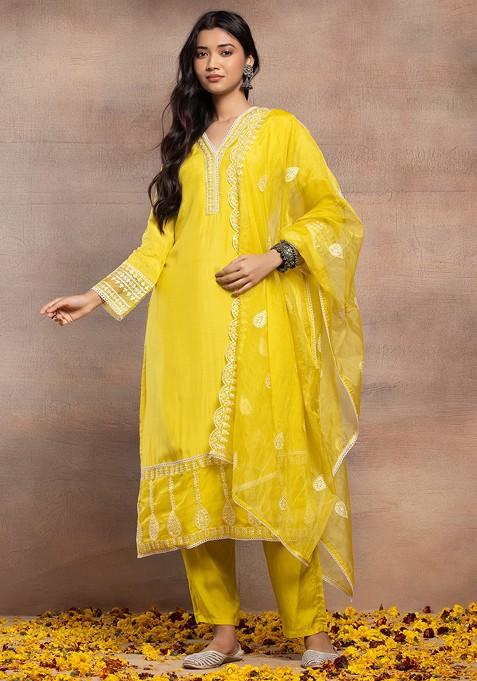 Yellow Sequin Embroidered Muslin Kurta With Pants And Organza Dupatta (Set of 3)