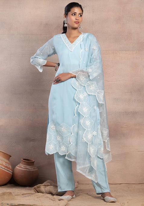 Pastel Blue Embroidered V-Neck Organza Kurta With Pants And Dupatta (Set of 3)