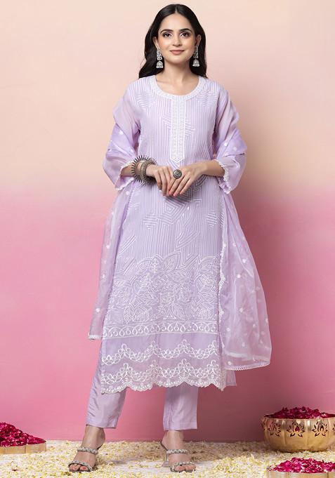 Lilac Thread Embroidered Organza Kurta With Pants And Dupatta (Set of 3)