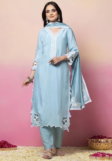 Light Blue Embroidered Neck Muslin Kurta With Pants And Dupatta (Set of 3)
