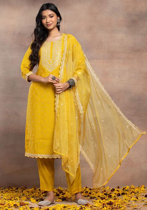 Yellow Thread Embroidered Muslin Kurta With Pants And Dupatta (Set of 3)