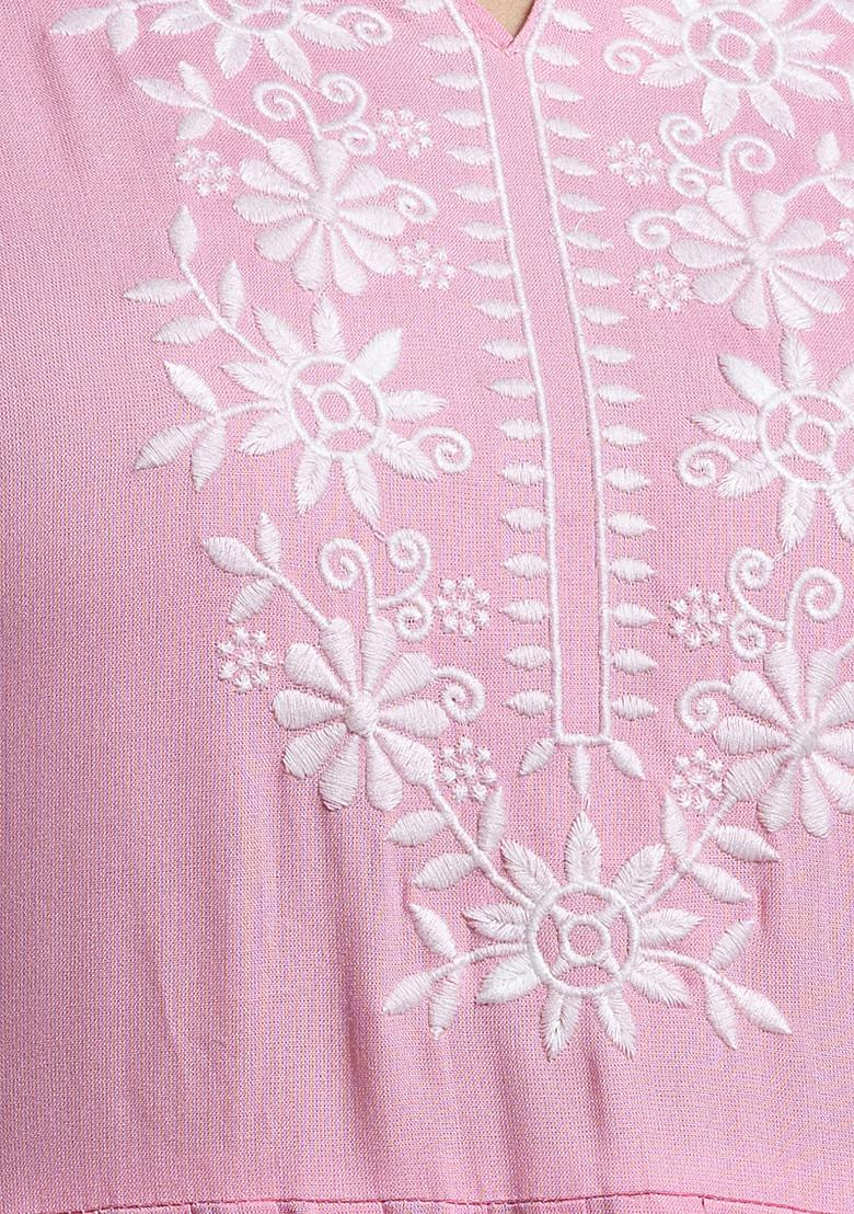 Pink Thread Embroidered Muslin Kurta With Pants And Organza Dupatta (Set of 3)