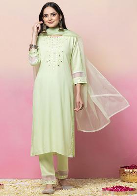 Pastel Green Thread Embroidered Rayon Kurta With Pants And Organza Dupatta (Set of 3)