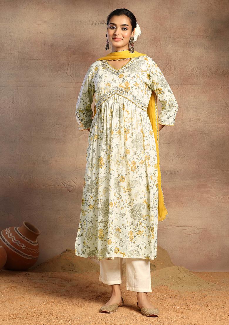 Off White Floral Paisley Print Cotton Kurta With Pants And Dupatta (Set of 3)