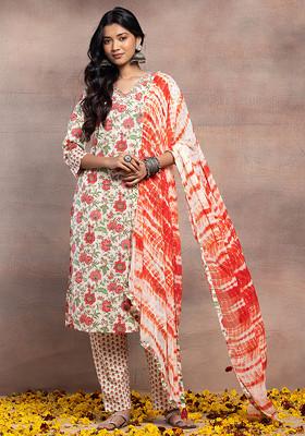 White Floral Print Cotton Straight Kurta With Pants And Dupatta (Set of 3)