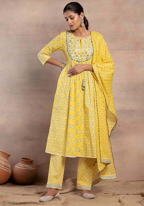Yellow Floral Print Embroidered Anarkali Kurta With Pants And Dupatta (Set of 3)