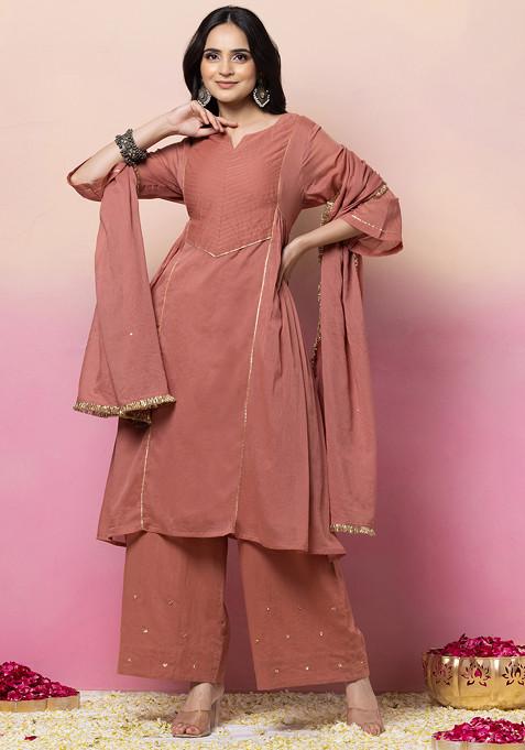 Dusty Pink Cotton A-Line Kurta With Pants And Dupatta (Set of 3)