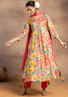 Pink Abstract Floral Print Muslin Kurta With Pants And Dupatta (Set of 3)