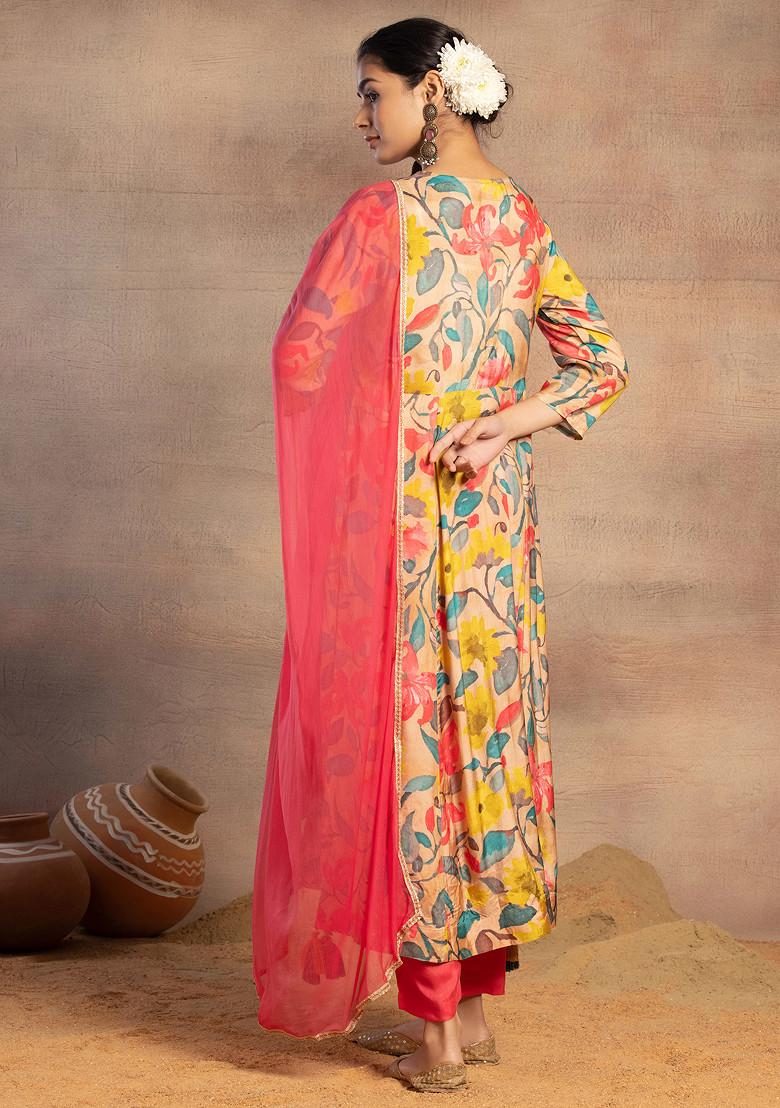 Pink Abstract Floral Print Muslin Kurta With Pants And Dupatta (Set of 3)