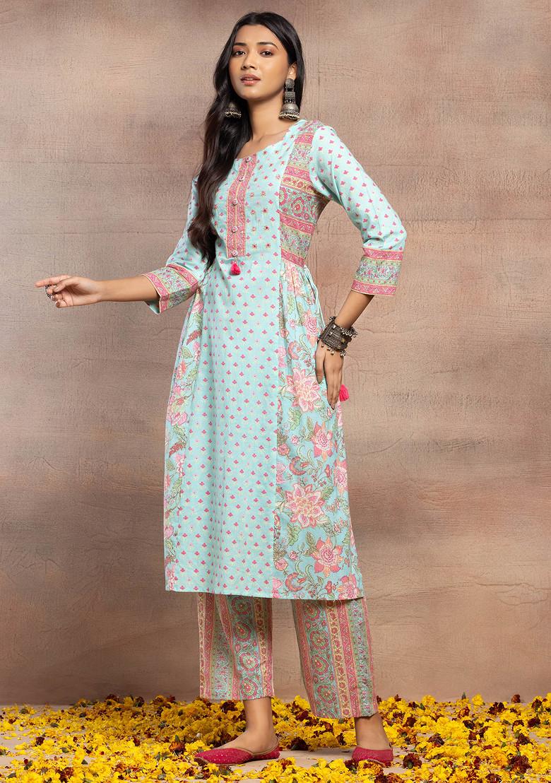 Blue Printed Cotton A-Line Kurta With Pants And Printed Dupatta (Set of 3)