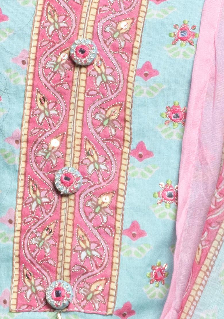 Blue Printed Cotton A-Line Kurta With Pants And Printed Dupatta (Set of 3)