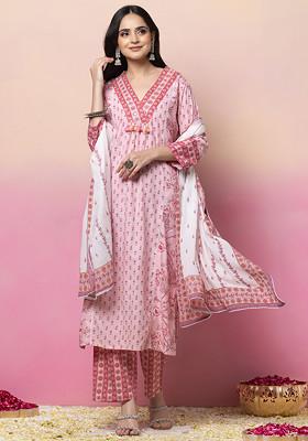 Pink V-Neck Boota Print Cotton Kurta With Pants And Dupatta (Set of 3)