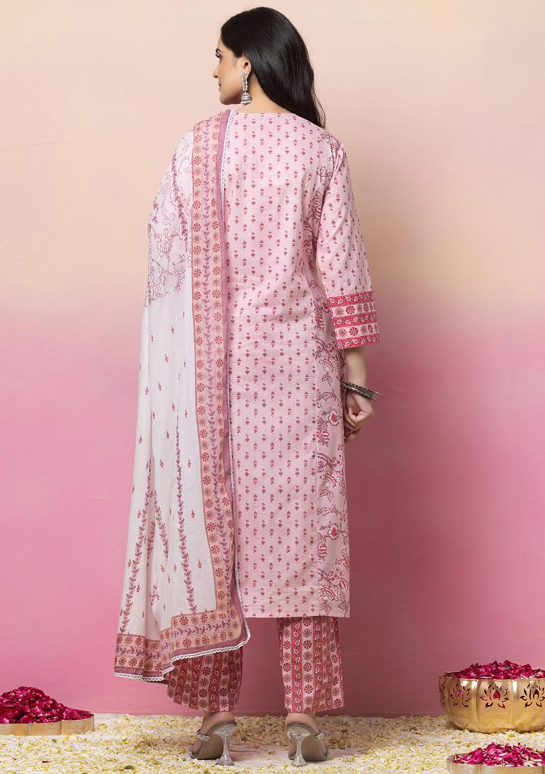 Pink V-Neck Boota Print Cotton Kurta With Pants And Dupatta (Set of 3)