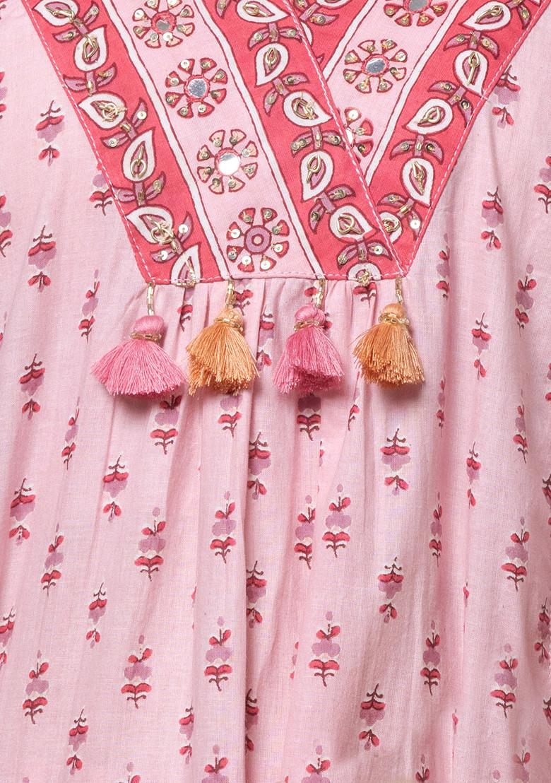 Pink V-Neck Boota Print Cotton Kurta With Pants And Dupatta (Set of 3)