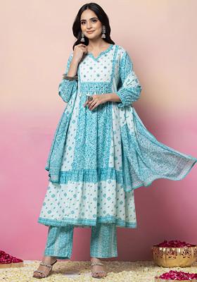 Blue Boota Print Cotton Kurta With Pants And Printed Dupatta (Set of 3)