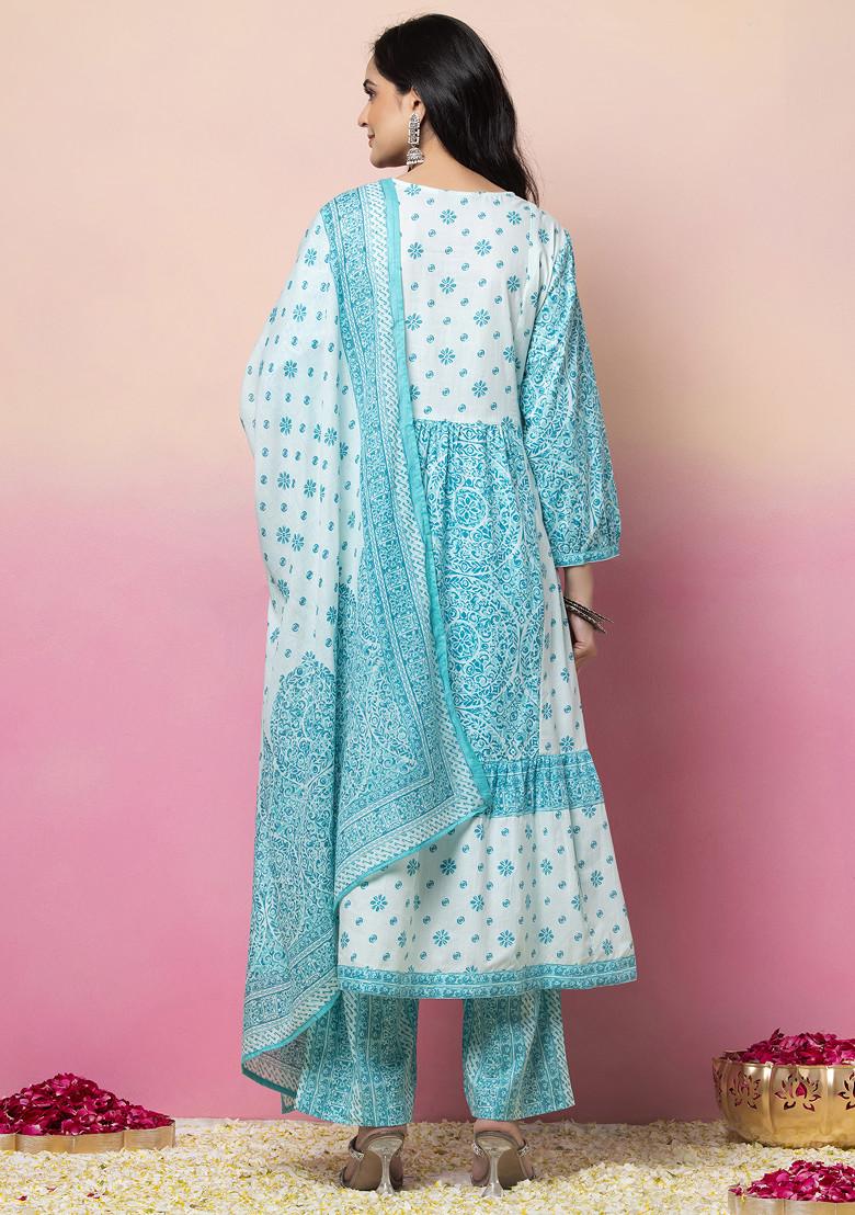 Blue Boota Print Cotton Kurta With Pants And Printed Dupatta (Set of 3)