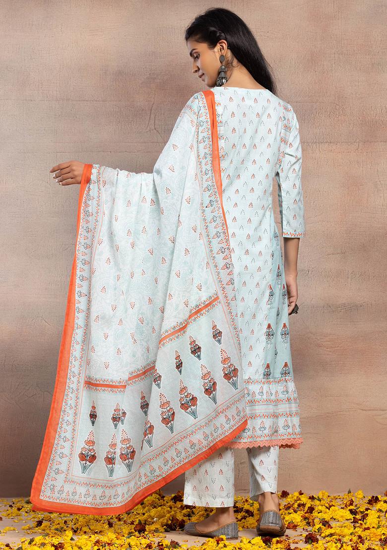 Light Blue Printed Tiered Cotton Kurta With Pants And Dupatta (Set of 3)