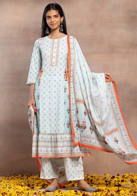Light Blue Printed Tiered Cotton Kurta With Pants And Dupatta (Set of 3)