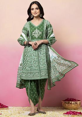 Green Jaal Print Cotton Anarkali Kurta With Dhoti Pants And Dupatta (Set of 3)