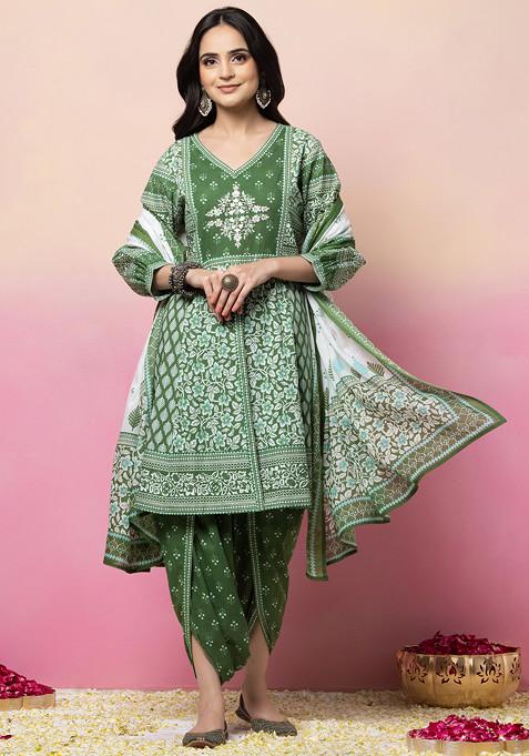 Green Jaal Print Cotton Anarkali Kurta With Dhoti Pants And Dupatta (Set of 3)