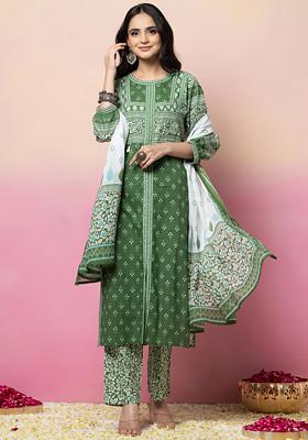 Green Printed Cotton Straight Kurta With Pants And Dupatta (Set of 3)