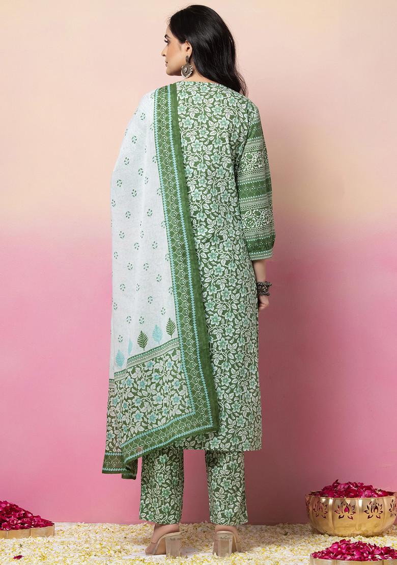 Green Printed Cotton Straight Kurta With Pants And Dupatta (Set of 3)