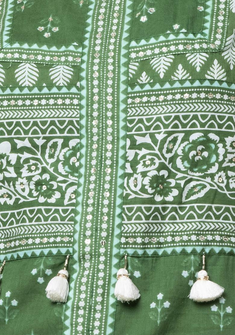 Green Printed Cotton Straight Kurta With Pants And Dupatta (Set of 3)