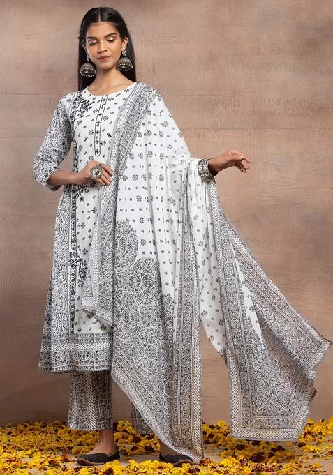 White Printed Cotton A-Line Kurta With Pants And Dupatta (Set of 3)