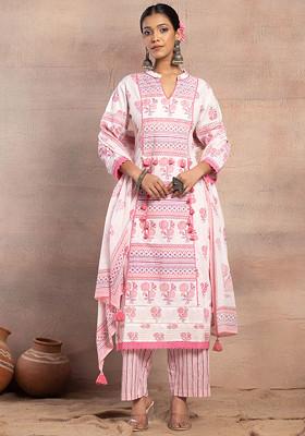 White And Pink Block Print Cotton Kurta With Pants And Dupatta (Set of 3)