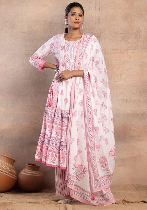 White And Pink Block Print Cotton Tiered Kurta With Pants And Dupatta (Set of 3)