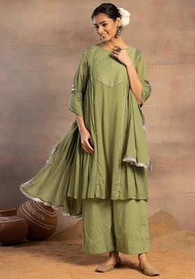 Green Cotton A-Line Kurta With Pants And Dupatta (Set of 3)