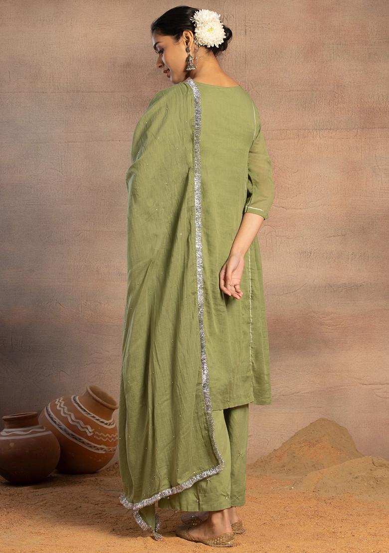 Green Cotton A-Line Kurta With Pants And Dupatta (Set of 3)