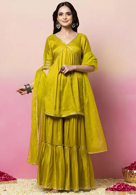 Lime Green Sharara With Gota Work Kurta And Dupatta (Set of 3)