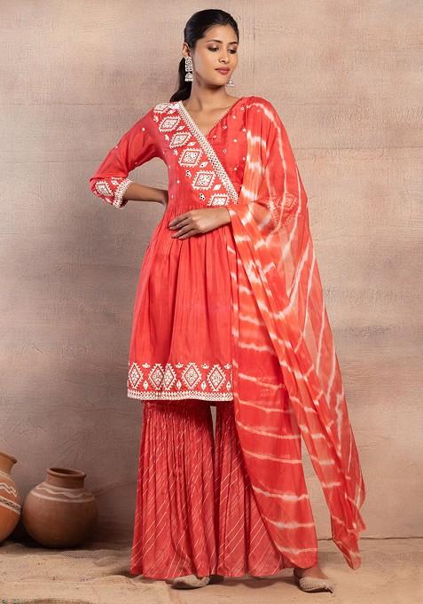 Bandhani Printed Kurta & Embroidered Jacket with Solid Ankle Pant