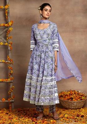 Purple Floral Jaal Print Cotton Anarkali Kurta With Printed Pants And Dupatta (Set of 3)