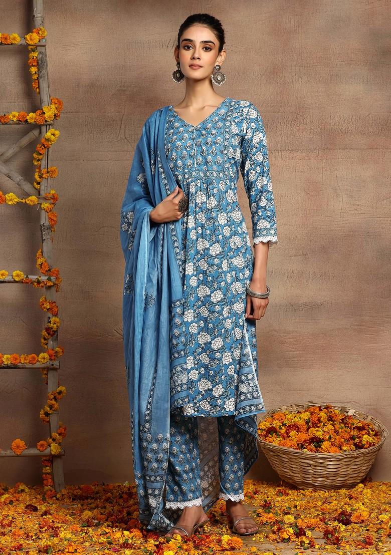 Blue Floral Print Cotton Kurta With Printed Pants And Printed Dupatta (Set of 3)