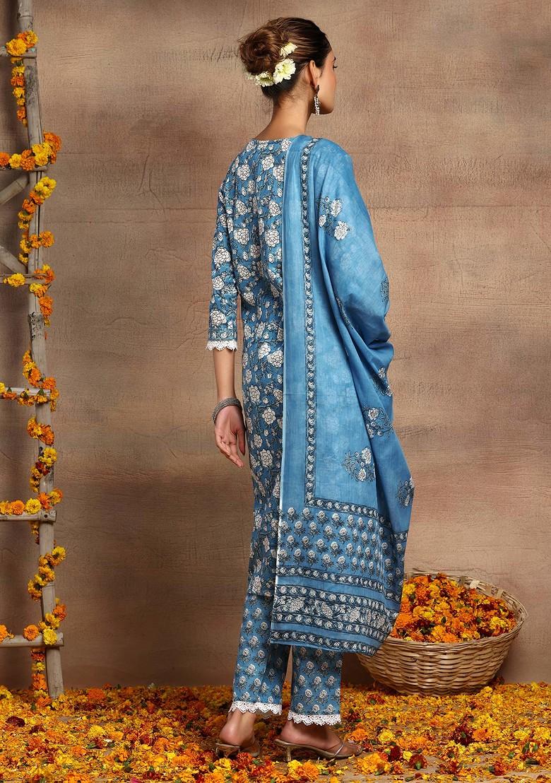 Blue Floral Print Cotton Kurta With Printed Pants And Printed Dupatta (Set of 3)