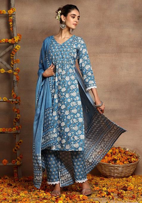 Blue Floral Print Cotton Kurta With Printed Pants And Printed Dupatta (Set of 3)