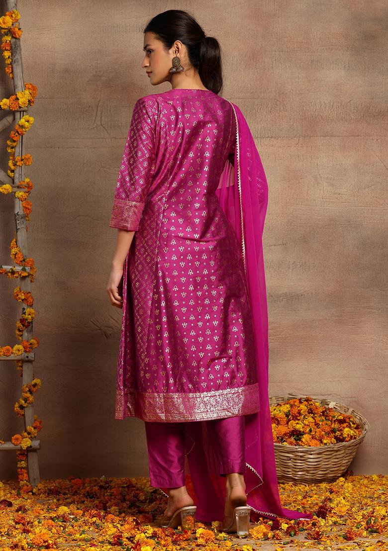 Dark Pink Foil Print A-Line Kurta With Pants And Dupatta (Set of 3) - Indya