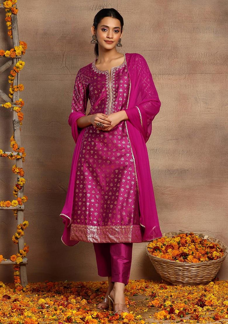Dark Pink Foil Print A-Line Kurta With Pants And Dupatta (Set of 3) - Indya
