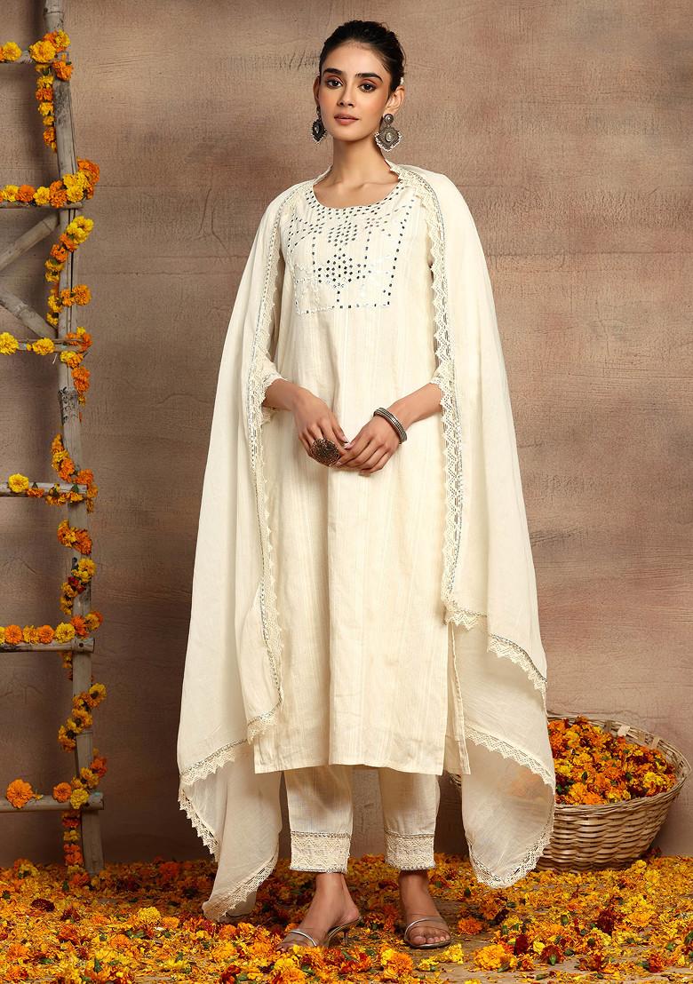 White Embroidered Cotton Straight Kurta With Pants And Dupatta (Set of 3)